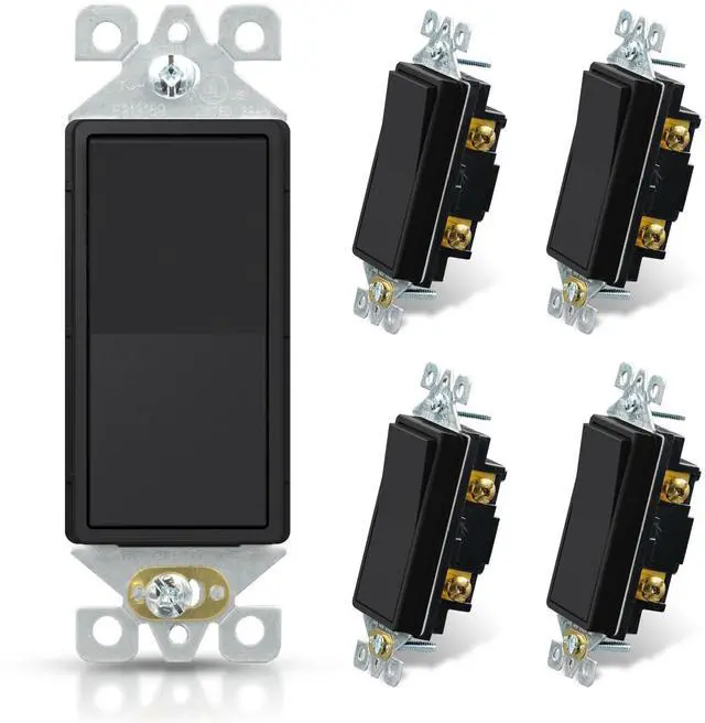 Main image of Matte Black Single Pole Decorator Light Switch, 15Amp, 120-277V, Decorative Paddle Rocker Switch Replacement, On/Off Wall Switch, Self-Grounding, Residential/Commercial Grade, UL/CUL (5 Pack)