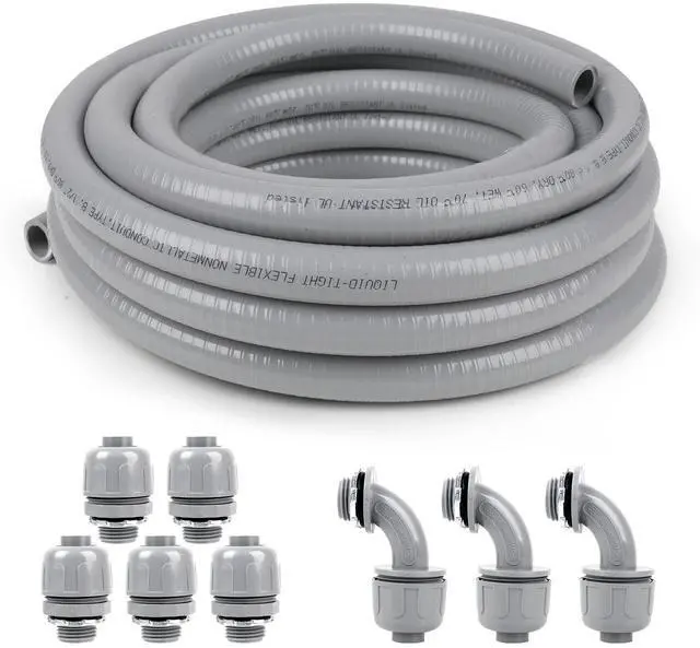 Main image of 1 inch 25ft Liquid-Tight Conduit and Connector Kit,Flexible Non-Metallic Liquid Tight Electrical Conduit Kit with 5 Straight and 3 90-Degree Connector Fittings,1in. Dia