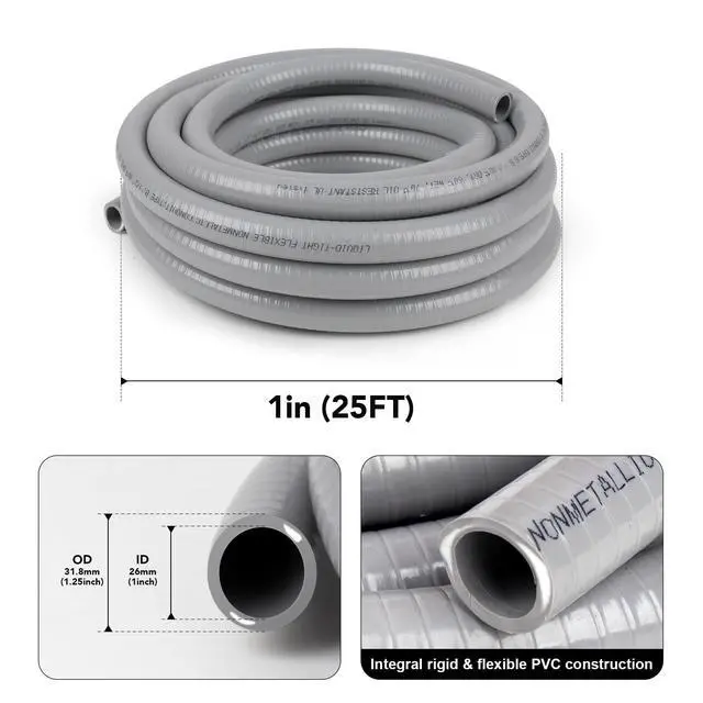 Alt view image 2 of 6 - 1 inch 25ft Liquid-Tight Conduit and Connector Kit,Flexible Non-Metallic Liquid Tight Electrical Conduit Kit with 5 Straight and 3 90-Degree Connector Fittings,1in. Dia