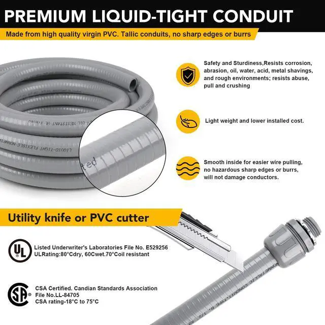 Alt view image 3 of 6 - 1 inch 25ft Liquid-Tight Conduit and Connector Kit,Flexible Non-Metallic Liquid Tight Electrical Conduit Kit with 5 Straight and 3 90-Degree Connector Fittings,1in. Dia