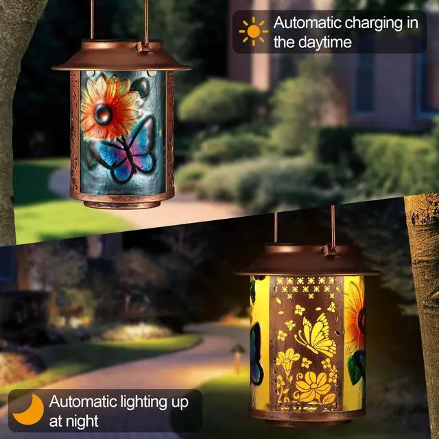 Alt view image 3 of 7 - Butterfly Solar Lanterns Outdoor Waterproof Birthday Gifts for Women Mom | Sunflower Metal Garden Decor Hanging Solar Lights Outside Decorative for Yard Patio Porch Gifts for Grandma