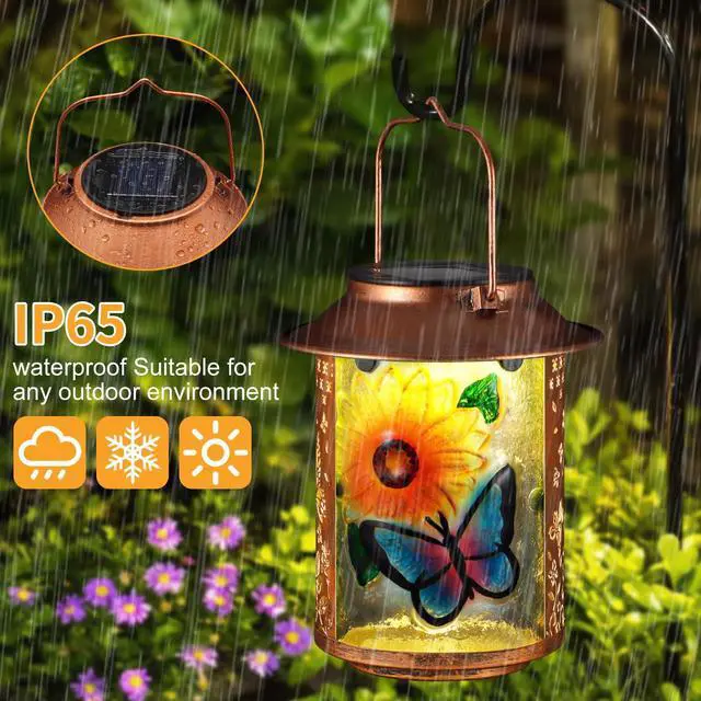 Alt view image 2 of 7 - Butterfly Solar Lanterns Outdoor Waterproof Birthday Gifts for Women Mom | Sunflower Metal Garden Decor Hanging Solar Lights Outside Decorative for Yard Patio Porch Gifts for Grandma