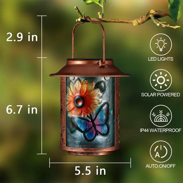 Alt view image 5 of 7 - Butterfly Solar Lanterns Outdoor Waterproof Birthday Gifts for Women Mom | Sunflower Metal Garden Decor Hanging Solar Lights Outside Decorative for Yard Patio Porch Gifts for Grandma