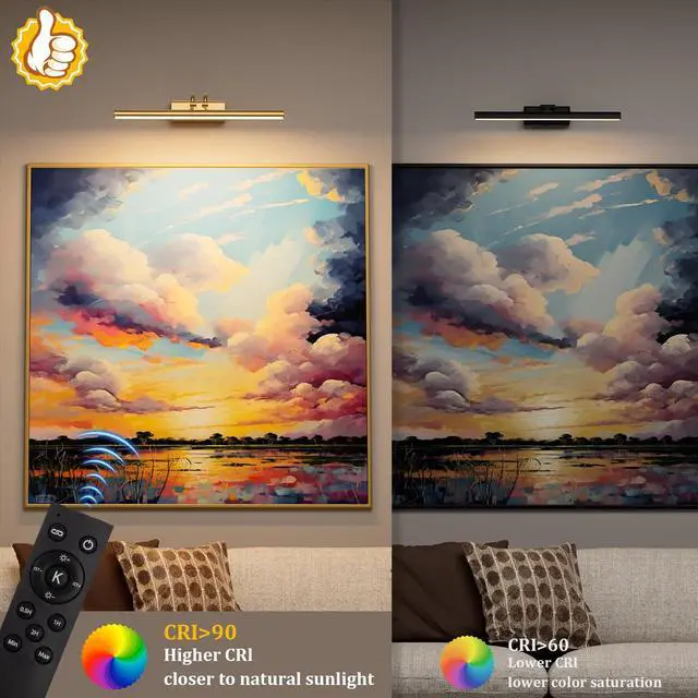 Alt view image 4 of 7 - 13.8'' Battery Operated Picture Light for Wall, Remote Control | 4000mAh Cordless,Gold Wall Light, Magnetic for Easy to Charge,Timers, Display for Gallery Living Room Bedroom