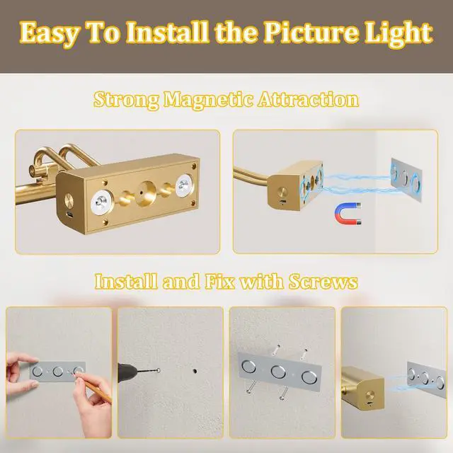 Alt view image 5 of 7 - 13.8'' Battery Operated Picture Light for Wall, Remote Control | 4000mAh Cordless,Gold Wall Light, Magnetic for Easy to Charge,Timers, Display for Gallery Living Room Bedroom