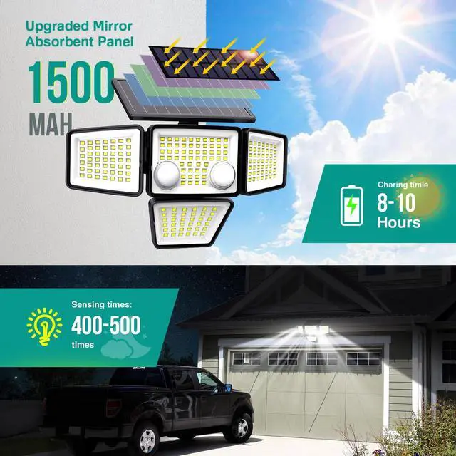 Alt view image 2 of 7 - Solar Outdoor Lights - 3000LM 188 LED Motion Sensor Outdoor Lights, 4 Heads Security Light,IP65 Waterproof, Easy Install,270°Wide Angle Flood Wall Light with 3 Modes for Backyard Yard