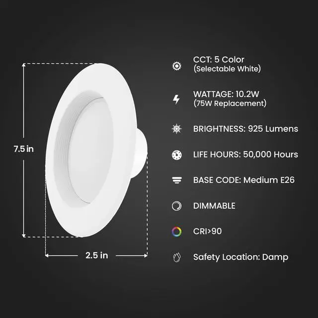 Alt view image 2 of 7 - 5/6in LED Recessed Downlight Retrofit Kit, 75W Eq