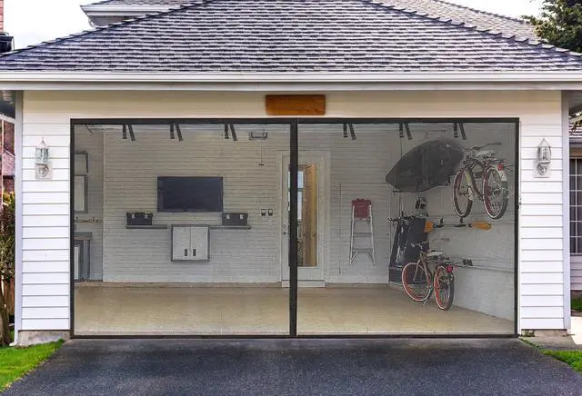 Main image of Garage Screen Doors for 2-Car Garage -16x7FT, Fiberglass, Black | 2300g/5.1 Lb Heavy Duty Magnetic Door Screen, Hands-Free with 6 Roll Up Straps for Patio, Outdoor, Gym, Sun House Porch