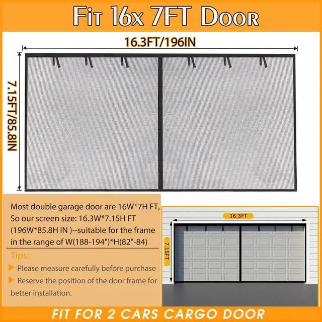 Alt view image 2 of 7 - Garage Screen Doors for 2-Car Garage -16x7FT, Fiberglass, Black | 2300g/5.1 Lb Heavy Duty Magnetic Door Screen, Hands-Free with 6 Roll Up Straps for Patio, Outdoor, Gym, Sun House Porch
