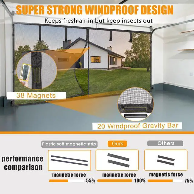 Alt view image 5 of 7 - Garage Screen Doors for 2-Car Garage -16x7FT, Fiberglass, Black | 2300g/5.1 Lb Heavy Duty Magnetic Door Screen, Hands-Free with 6 Roll Up Straps for Patio, Outdoor, Gym, Sun House Porch
