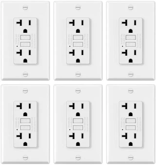 Main image of 6 Pack GFCI Outlets 20 Amp, NTR GFI Receptacles, ETL Listed, White | Ultra Slim Design, Non-Tamper Resistant with LED Indicator, 20a Ground Fault Circuit Interrupter, Wallplate Included