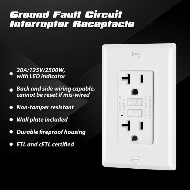 Alt view image 2 of 7 - 6 Pack GFCI Outlets 20 Amp, NTR GFI Receptacles, ETL Listed, White | Ultra Slim Design, Non-Tamper Resistant with LED Indicator, 20a Ground Fault Circuit Interrupter, Wallplate Included