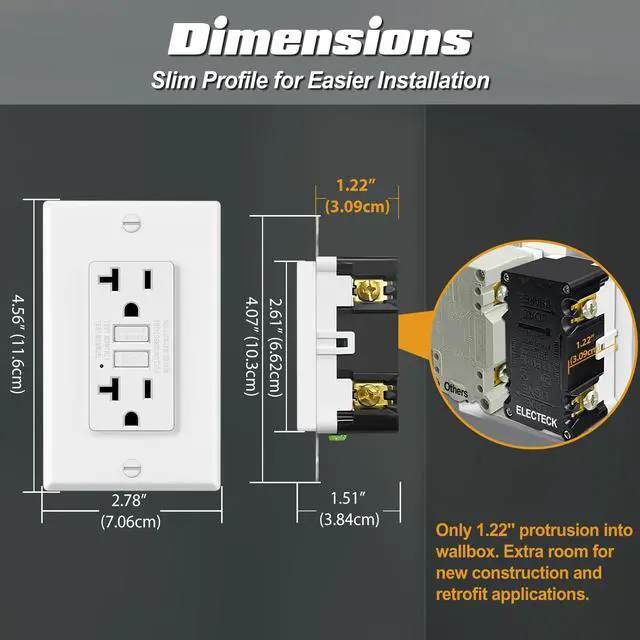 Alt view image 3 of 7 - 6 Pack GFCI Outlets 20 Amp, NTR GFI Receptacles, ETL Listed, White | Ultra Slim Design, Non-Tamper Resistant with LED Indicator, 20a Ground Fault Circuit Interrupter, Wallplate Included