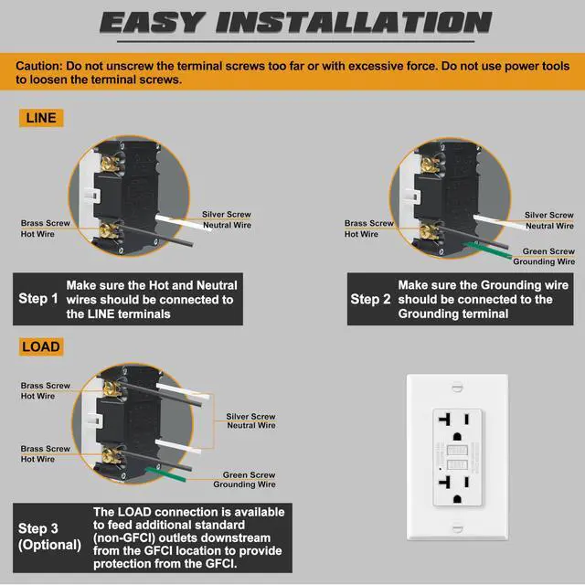 Alt view image 5 of 7 - 6 Pack GFCI Outlets 20 Amp, NTR GFI Receptacles, ETL Listed, White | Ultra Slim Design, Non-Tamper Resistant with LED Indicator, 20a Ground Fault Circuit Interrupter, Wallplate Included