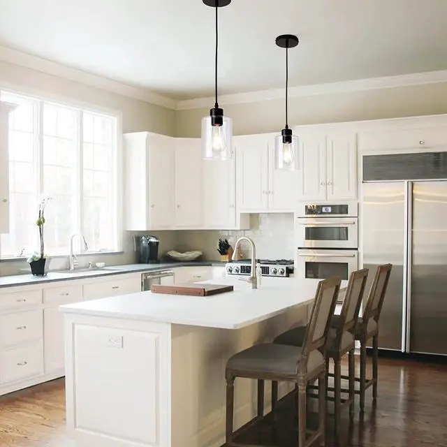 Alt view image 2 of 7 - Modern Black Farmhouse Clear Glass Cylinder Pendant Light Fixture,Island Lights for Kitchen,Mini Pendant Lighting for Kitchen Island Decor - 4.75 Inch Shade 58 Inch Cord (Black 2 Pack)