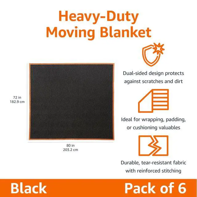 Alt view image 2 of 7 - Reinforced Tear-Resistant Moving Blankets, 72" x 80", Black, 6-Pack