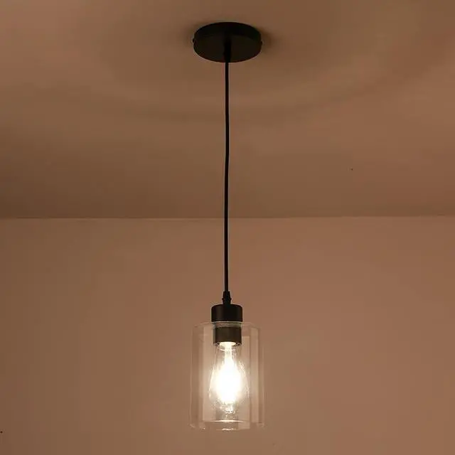 Alt view image 4 of 7 - Modern Black Farmhouse Clear Glass Cylinder Pendant Light Fixture,Island Lights for Kitchen,Mini Pendant Lighting for Kitchen Island Decor - 4.75 Inch Shade 58 Inch Cord (Black 2 Pack)