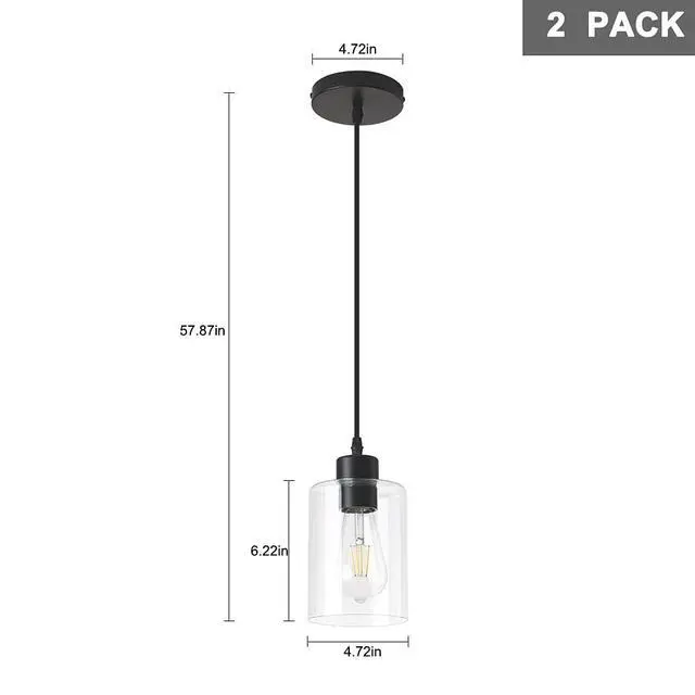 Alt view image 6 of 7 - Modern Black Farmhouse Clear Glass Cylinder Pendant Light Fixture,Island Lights for Kitchen,Mini Pendant Lighting for Kitchen Island Decor - 4.75 Inch Shade 58 Inch Cord (Black 2 Pack)