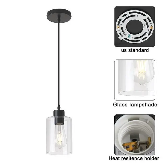 Alt view image 5 of 7 - Modern Black Farmhouse Clear Glass Cylinder Pendant Light Fixture,Island Lights for Kitchen,Mini Pendant Lighting for Kitchen Island Decor - 4.75 Inch Shade 58 Inch Cord (Black 2 Pack)