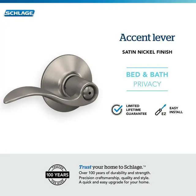Alt view image 3 of 7 - Accent Bed/Bath Privacy Door Handle with Lock, Satin Nickel | Interior bedroom or bathroom door lever with push button lock, Reversible, Easy install, Certified durability, Universal fit