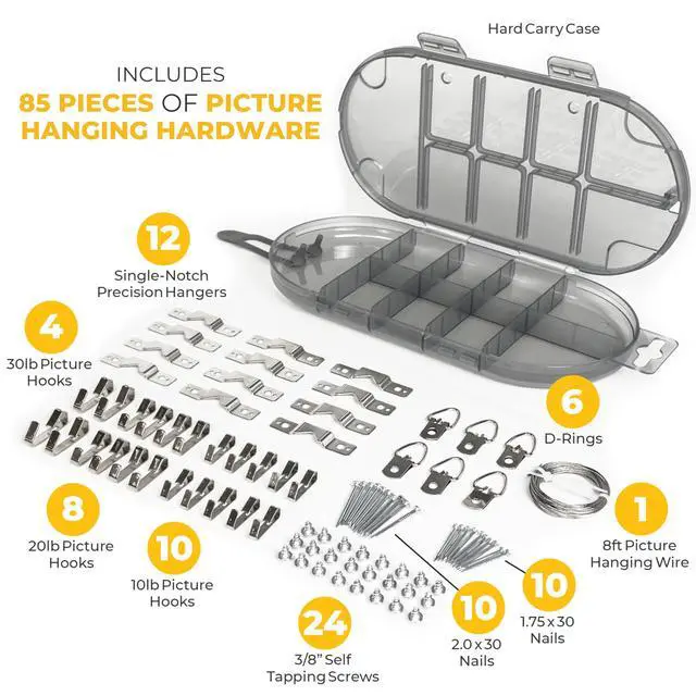 Alt view image 6 of 7 - Original ® Pro All-in-One Picture Hanging Kit, Level & Hardware | Zero Measuring Required, 85-Piece Hardware Kit, Works with Sawtooth Wire & D-Ring Hangers, Removable Level, Non-Slip Feet