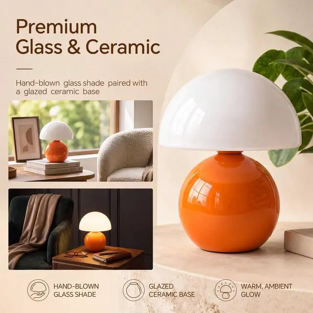 Alt view image 3 of 7 - Mushroom Lamp Table Lamp for Bedroom-Small Desk Table Lamps,Orange | 8.7" Mid Century Modern Table Lamps for Living Room Bedroom Decor,Cute Ceramic Lamps for Mushroom Home Room Decor,Glass Shade