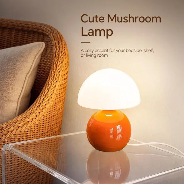 Alt view image 2 of 7 - Mushroom Lamp Table Lamp for Bedroom-Small Desk Table Lamps,Orange | 8.7" Mid Century Modern Table Lamps for Living Room Bedroom Decor,Cute Ceramic Lamps for Mushroom Home Room Decor,Glass Shade