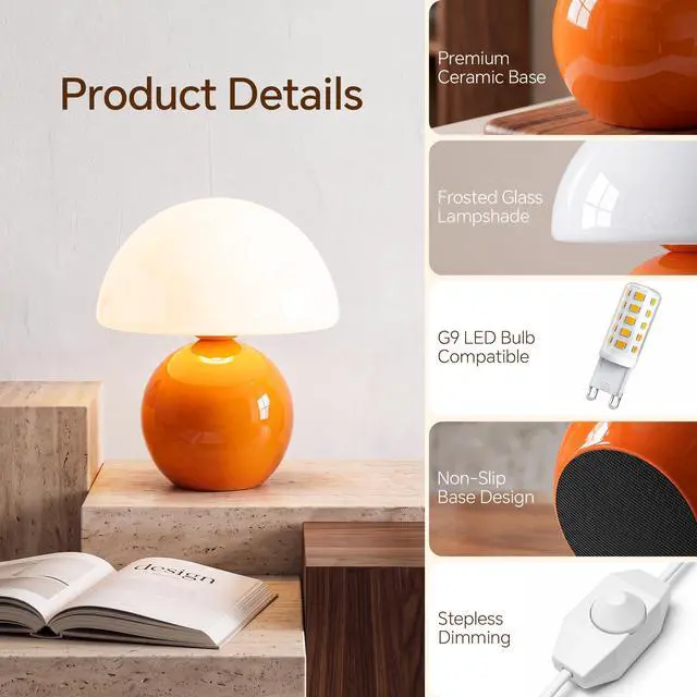 Alt view image 6 of 7 - Mushroom Lamp Table Lamp for Bedroom-Small Desk Table Lamps,Orange | 8.7" Mid Century Modern Table Lamps for Living Room Bedroom Decor,Cute Ceramic Lamps for Mushroom Home Room Decor,Glass Shade