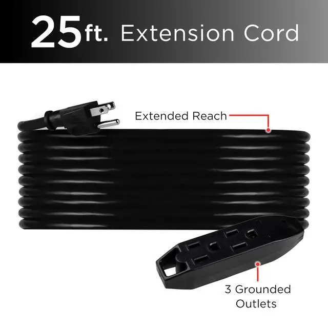 Alt view image 2 of 7 - 25 Ft Outdoor Extension Cord, 3 Outlet Power Strip | Long Extension Cord with Multiple Outlets, Grounded Heavy Duty Extension Cord, 16 Gauge, UL Listed, Black, 36825