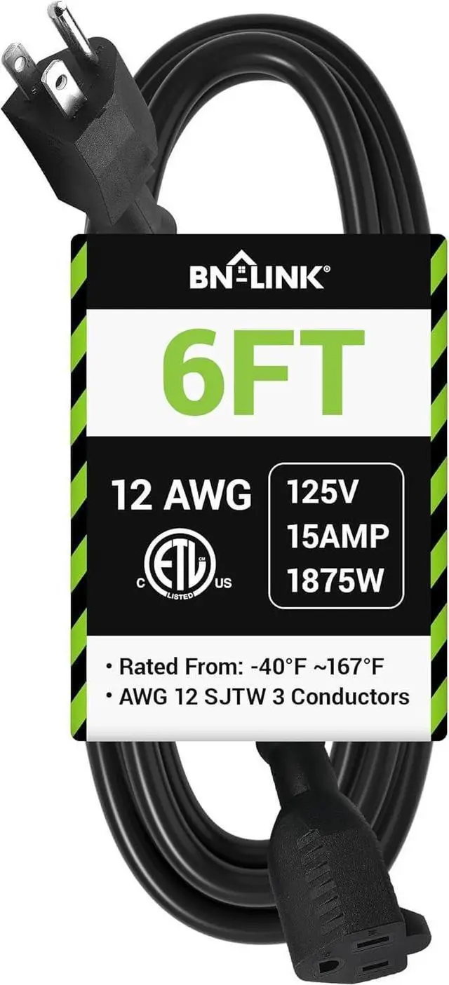 Main image of 6ft Outdoor Extension Cord, 12/3 SJTW Heavy Duty Power Cord, 3-Prong Grounded Plug, Weather Resistant, 15A, 1875W, Black, for Lawn, Garden, Appliances, ETL Listed