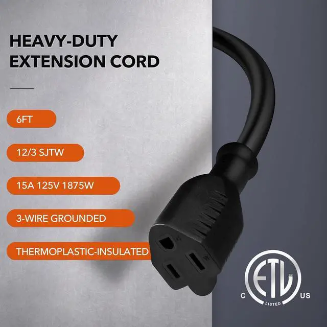Alt view image 2 of 7 - 6ft Outdoor Extension Cord, 12/3 SJTW Heavy Duty Power Cord, 3-Prong Grounded Plug, Weather Resistant, 15A, 1875W, Black, for Lawn, Garden, Appliances, ETL Listed