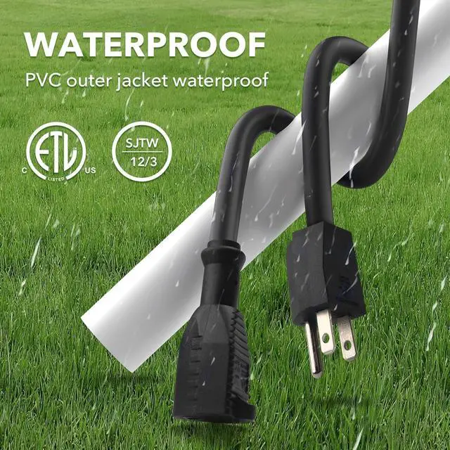 Alt view image 7 of 7 - 6ft Outdoor Extension Cord, 12/3 SJTW Heavy Duty Power Cord, 3-Prong Grounded Plug, Weather Resistant, 15A, 1875W, Black, for Lawn, Garden, Appliances, ETL Listed
