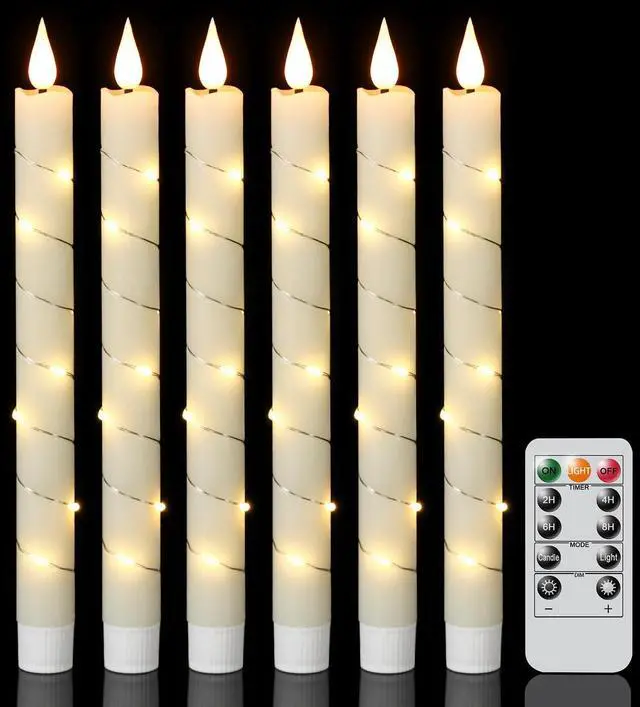 Main image of Flameless Taper Candles with Remote Timer and String Lights Ivory | LED Candlesticks, Battery Operated,Real Wax, Christmas Wedding Party Home Decor, 6 Pack, 0.78 x 9.64 In