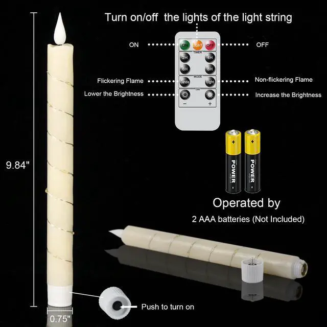 Alt view image 2 of 4 - Flameless Taper Candles with Remote Timer and String Lights Ivory | LED Candlesticks, Battery Operated,Real Wax, Christmas Wedding Party Home Decor, 6 Pack, 0.78 x 9.64 In