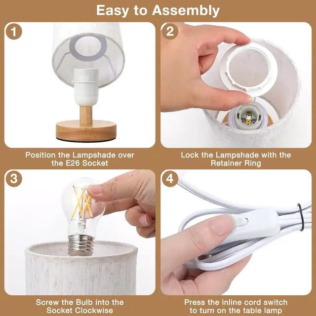 Alt view image 7 of 7 - 9" Small Table Lamp for Bedroom - Inline Control with 3000K Blub | Cream Shade and Wood Base | 680 Lumens | Easy Assembly | Minimalist Design | E26 | for Kitchen | for Kids Room