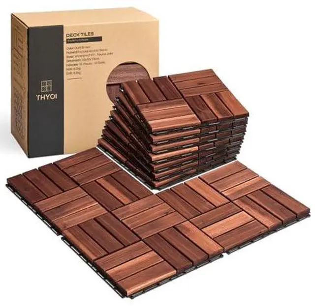 Alt view image 2 of 7 - Premium Deck Tiles, 10 Pcs Patio Flooring - Brown - Crossed Pattern | Square Joints - Interlocking Deck Tiles, 12"x12"x0.9" Waterproof Acacia Wood for Balcony, Backyard, Indoor & Outdoor