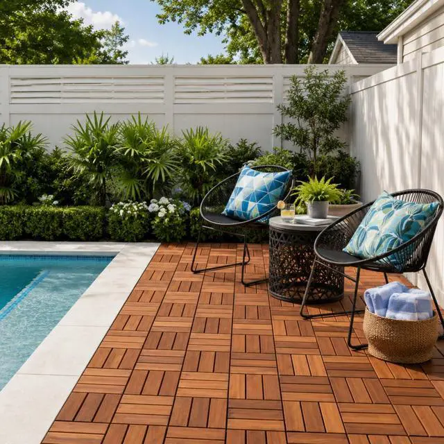 Alt view image 3 of 7 - Premium Deck Tiles, 10 Pcs Patio Flooring - Brown - Crossed Pattern | Square Joints - Interlocking Deck Tiles, 12"x12"x0.9" Waterproof Acacia Wood for Balcony, Backyard, Indoor & Outdoor