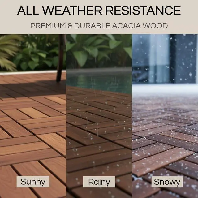 Alt view image 7 of 7 - Premium Deck Tiles, 10 Pcs Patio Flooring - Brown - Crossed Pattern | Square Joints - Interlocking Deck Tiles, 12"x12"x0.9" Waterproof Acacia Wood for Balcony, Backyard, Indoor & Outdoor