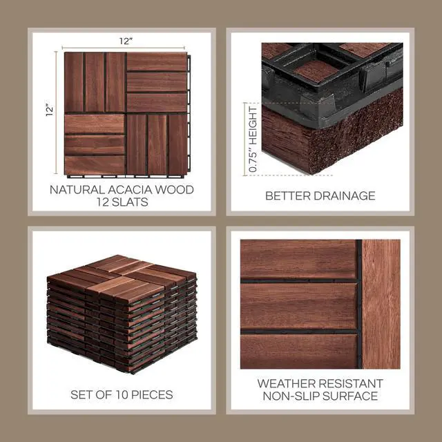 Alt view image 4 of 7 - Premium Deck Tiles, 10 Pcs Patio Flooring - Brown - Crossed Pattern | Square Joints - Interlocking Deck Tiles, 12"x12"x0.9" Waterproof Acacia Wood for Balcony, Backyard, Indoor & Outdoor