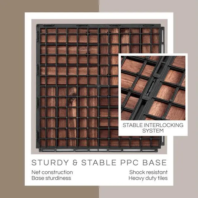 Alt view image 5 of 7 - Premium Deck Tiles, 10 Pcs Patio Flooring - Brown - Crossed Pattern | Square Joints - Interlocking Deck Tiles, 12"x12"x0.9" Waterproof Acacia Wood for Balcony, Backyard, Indoor & Outdoor