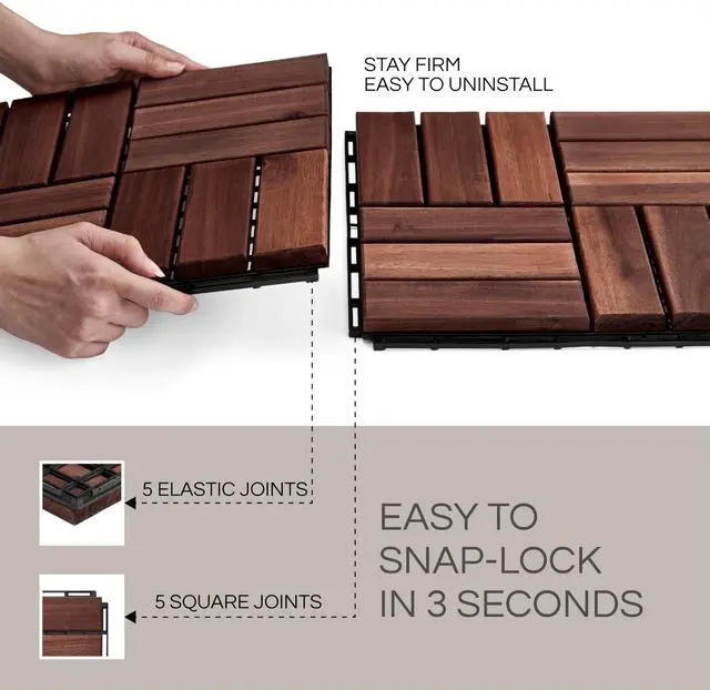 Alt view image 6 of 7 - Premium Deck Tiles, 10 Pcs Patio Flooring - Brown - Crossed Pattern | Square Joints - Interlocking Deck Tiles, 12"x12"x0.9" Waterproof Acacia Wood for Balcony, Backyard, Indoor & Outdoor