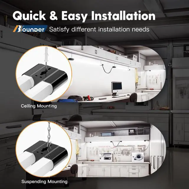 Alt view image 6 of 7 - 4Pack 4FT LED Shop Light, 65000K, 40W=250W, Linkable for Garage | 4400LM, 48Inch Integrated Utility Fixture, Surface + Hanging Mount, Super Bright Shop Lights for Workshop & DIY Users, Black