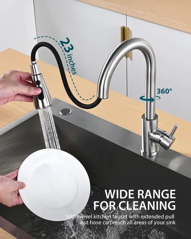 Alt view image 2 of 7 - Kitchen Faucet, Pull Down Sprayer, Brushed Nickel | Easy Install, 360 Swivel, 3 Spray Modes, SUS304 Stainless Steel, Fits RV/Laundry/Bar Sinks, Lead-Free