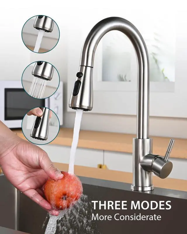 Alt view image 4 of 7 - Kitchen Faucet, Pull Down Sprayer, Brushed Nickel | Easy Install, 360 Swivel, 3 Spray Modes, SUS304 Stainless Steel, Fits RV/Laundry/Bar Sinks, Lead-Free