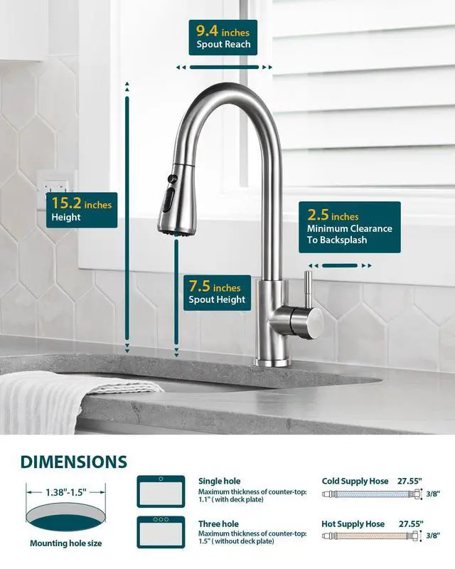 Alt view image 5 of 7 - Kitchen Faucet, Pull Down Sprayer, Brushed Nickel | Easy Install, 360 Swivel, 3 Spray Modes, SUS304 Stainless Steel, Fits RV/Laundry/Bar Sinks, Lead-Free