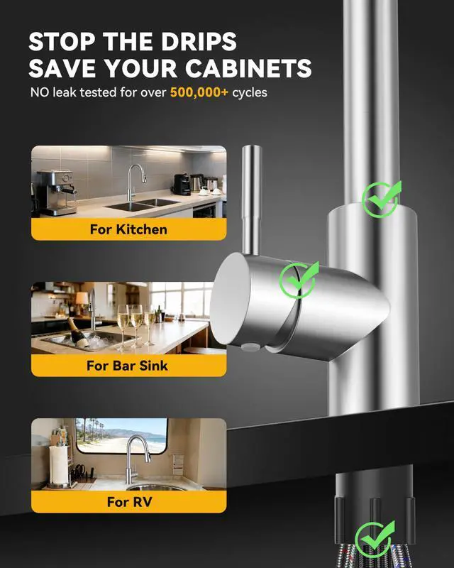 Alt view image 3 of 7 - Kitchen Faucet, Pull Down Sprayer, Brushed Nickel | Easy Install, 360 Swivel, 3 Spray Modes, SUS304 Stainless Steel, Fits RV/Laundry/Bar Sinks, Lead-Free