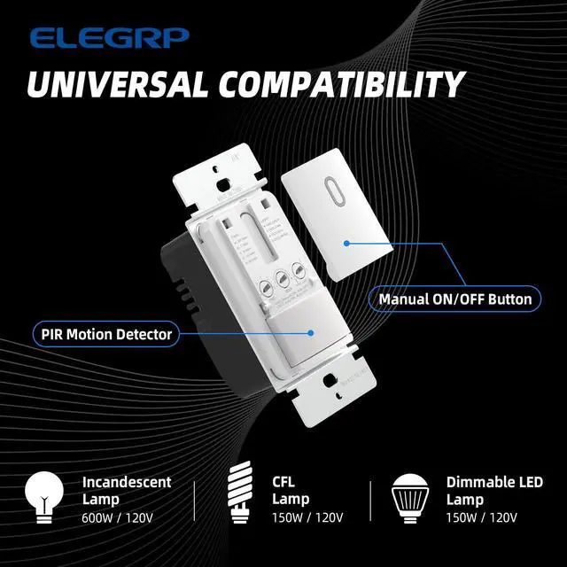 Alt view image 2 of 7 - Single Pole Occupancy Motion Sensor Light Switch, PIR Infrared Motion Activated Switch, Need Grounding Wire, No Neutral Wire, for CFL/LED/Incandescent, with Plate, UL(2 Pack, Matte White)