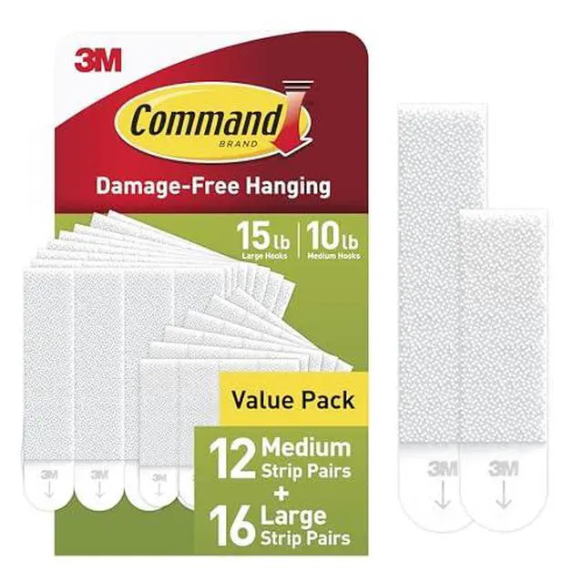 Alt view image 2 of 7 - 15 lb & 10 lb Large and Medium 28 Pairs Picture Hanging Strips (56 Strips), Damage-Free Hangers for Picture Frames, No Tools Required, Great for Home Room Wall Decor, White Adhesive