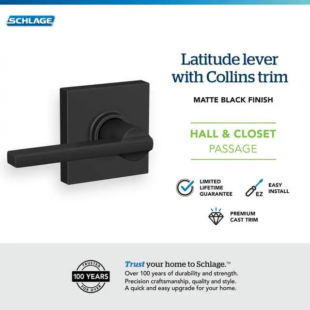 Alt view image 4 of 7 - Latitude Hall/Closet Passage Door Handle, Reversible, Matte Black | Hall or closet lever door handle with no lock, Easy to install, Certified durability, Universal fit