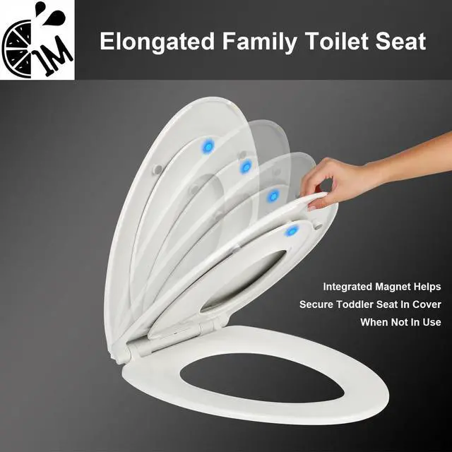Alt view image 4 of 7 - Family Toilet Seat, Patented Slow Close & Quick Releasing Technology, Anti-Wiggling, Easy to Install and Clean, Standard Elongated with Toddler Seat Built In (1 Piece)
